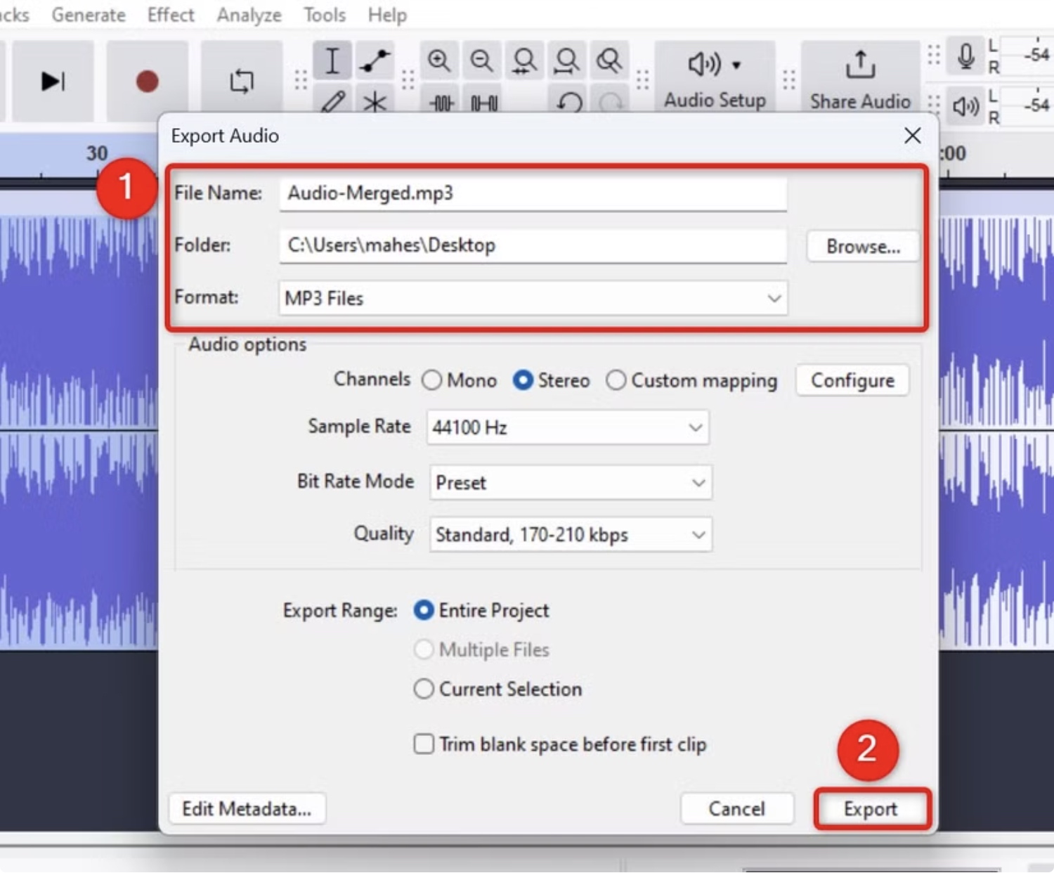 在Audacity窗口中,文件选项和“导出”被高亮显示